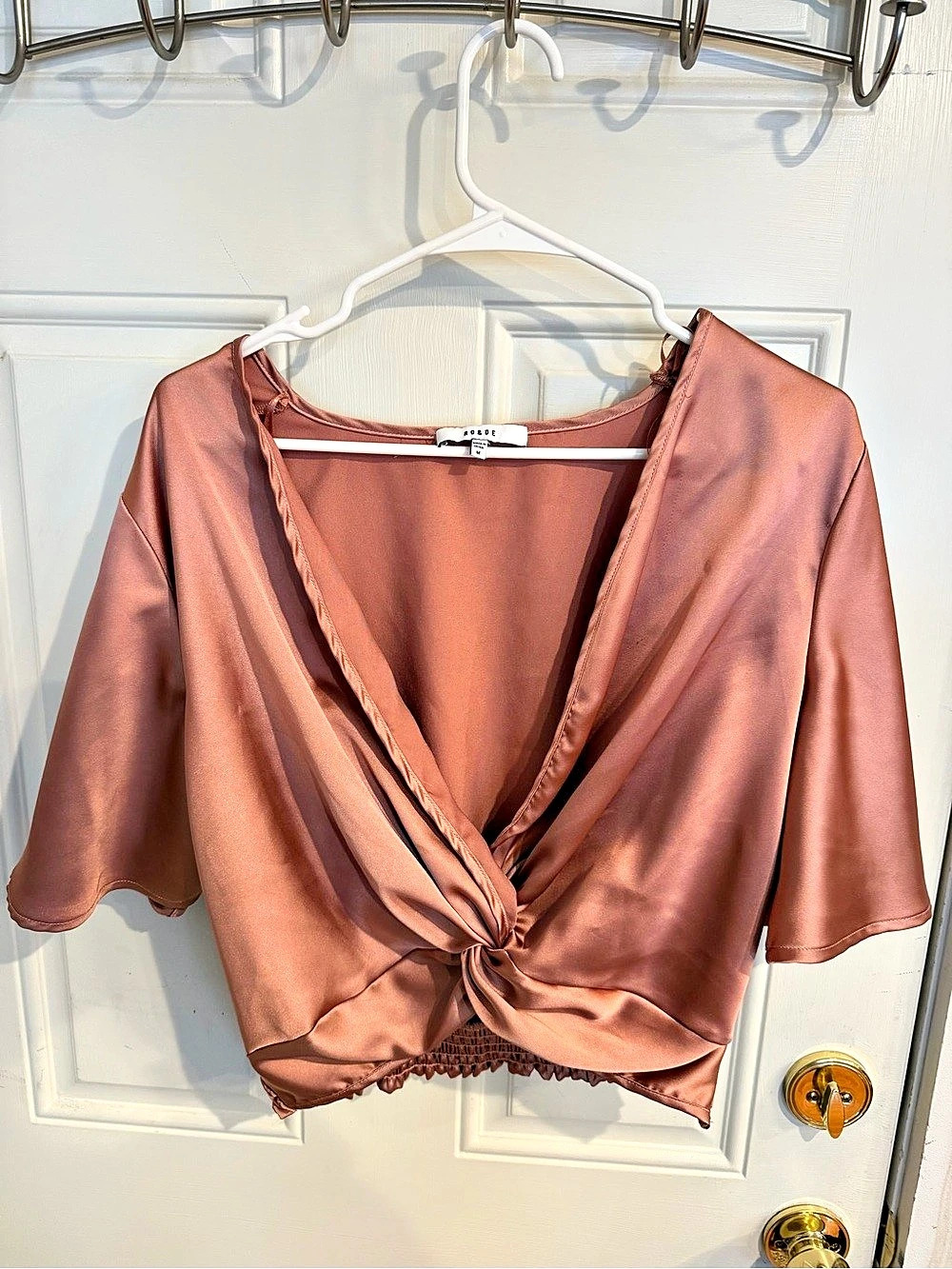 RO&DE Satin-Look Front Tie Blouse in Brown Size Medium